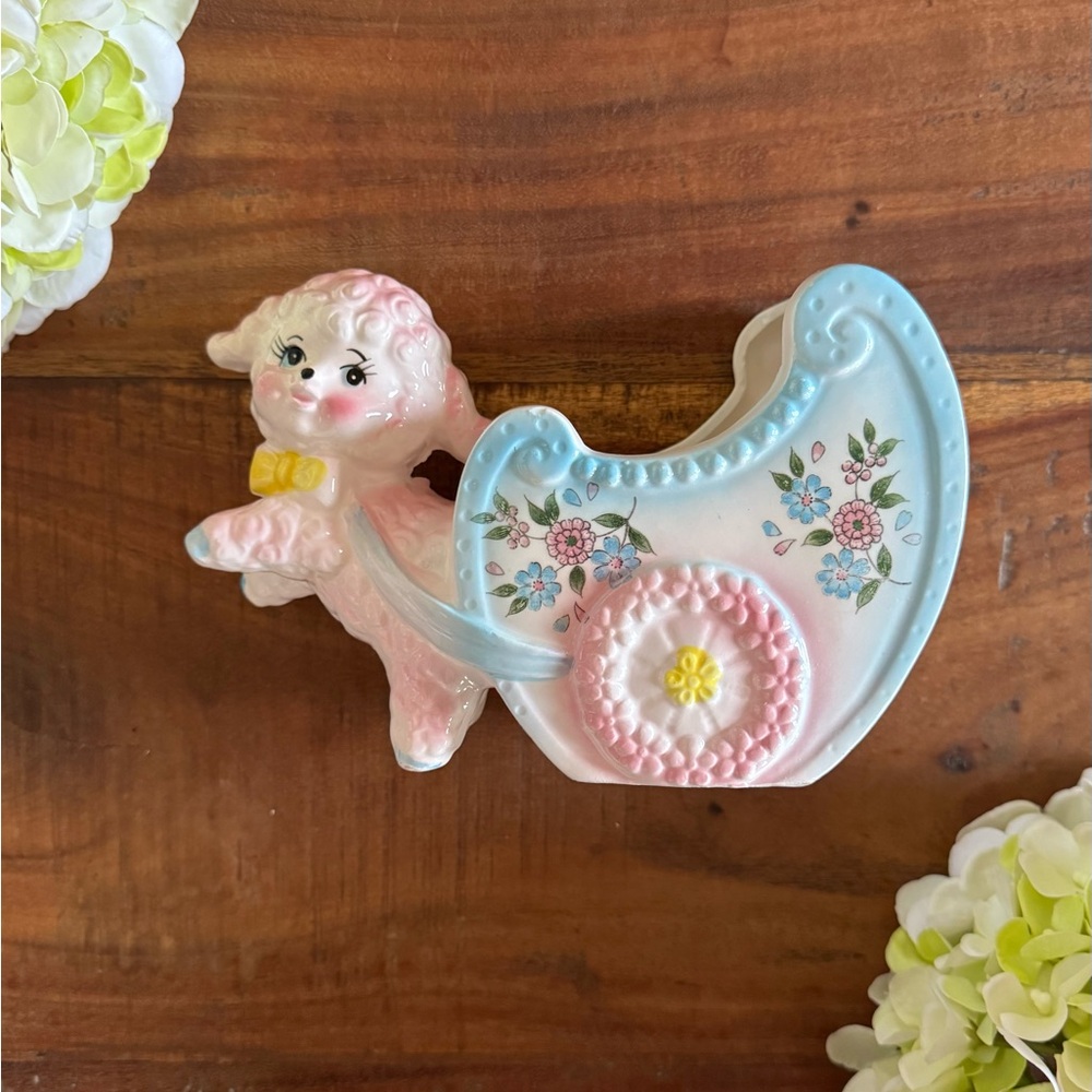 Vtg Lamb Baby Buggy Nursery Planter 4.75x7.5" Blue/Pink-Flowers Inarco Japan